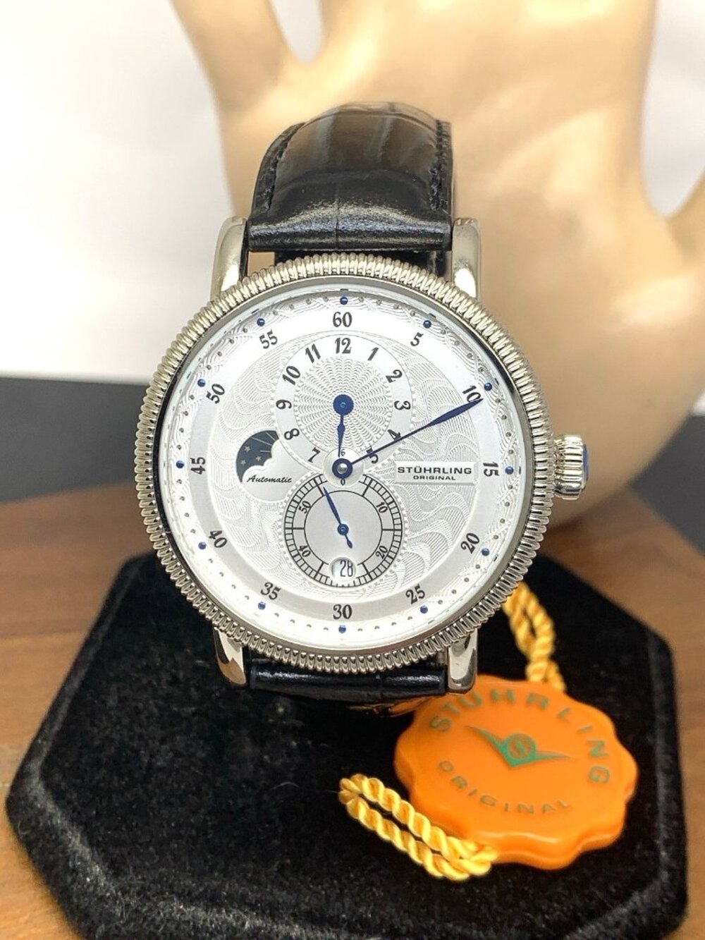 Stuhrling Men's Watch 97 Automatic Silver Dial Day Night Black Leather Band 40mm